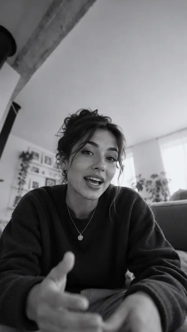 A black-and-white portrait of a creator talking in a bright interior.