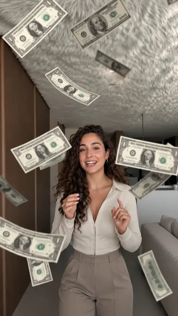 A creator standing beneath floating graphic banknotes in a dramatic vertical ad scene.