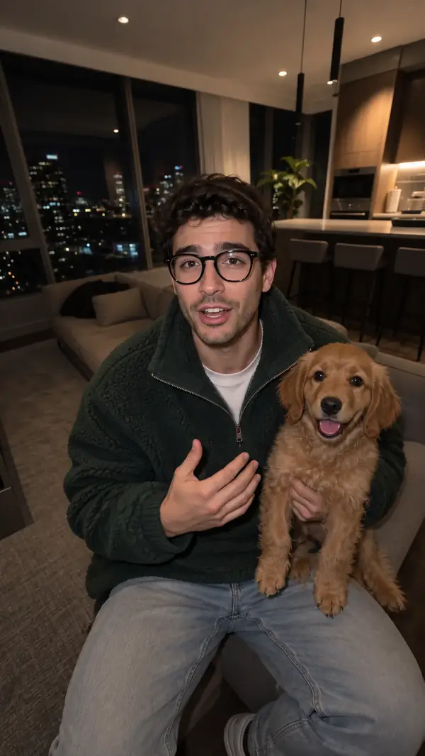 A man with glasses holding a small dog in an evening interior, framed for a casual social ad.