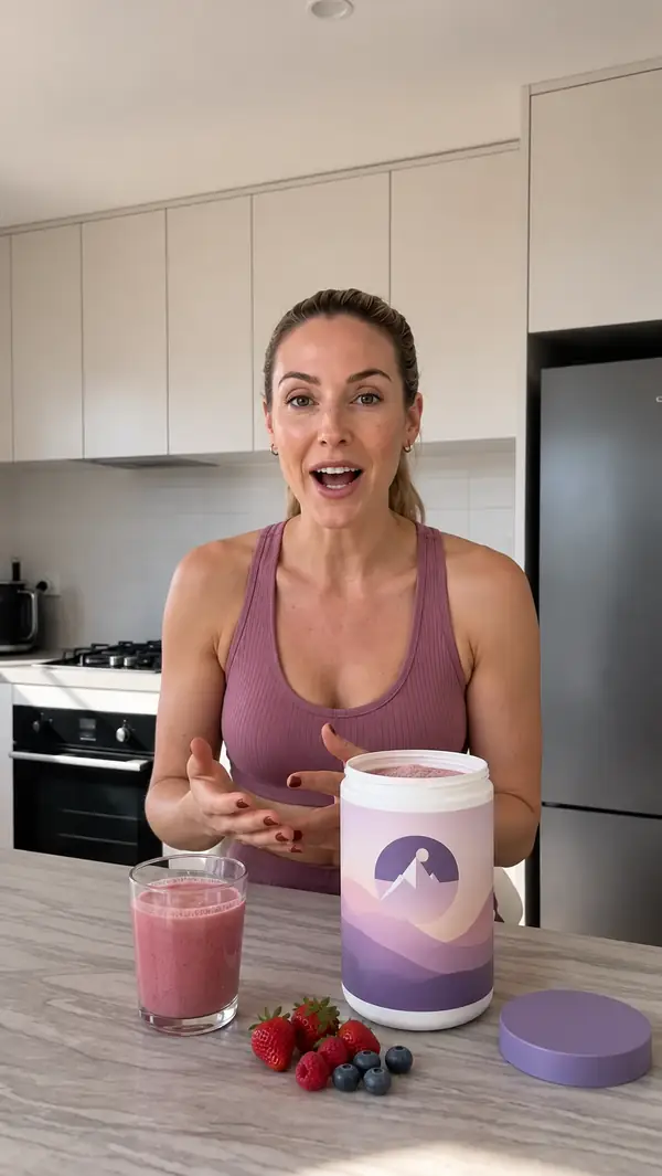A woman presenting a drink product in a modern kitchen, framed as a finished vertical social advertisement.